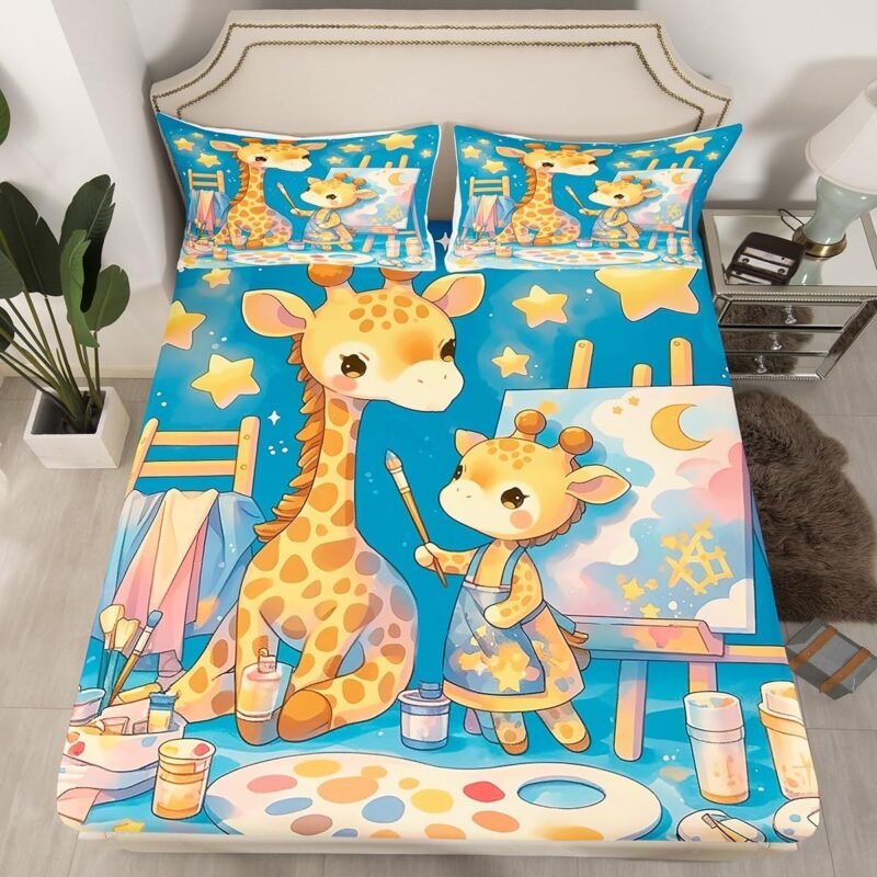 Cartoon Giraffe Fitted Sheet,Kawaii Wild Animal Drawing Painting Theme Sheet Set (No Flat Sheet) for Teens,Watercolor Blue Sky Dreamy Starry Bedding Set with 2 Pillowcases,Queen Size