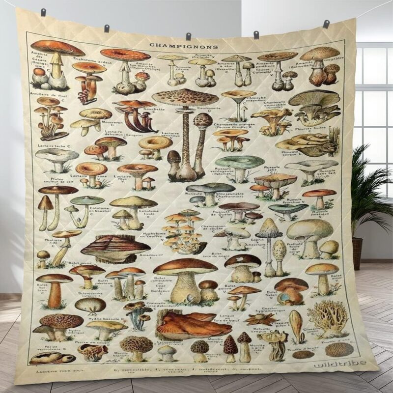 Vintage French Mushroom Identification Chart Printed Quilt, Mushroom Species Quilt Blanket, Comfortable Duvet Cover for Kids Teens (230x280cm / 91x110 inches)