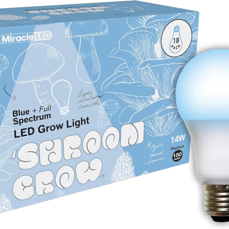 Miracle LED Shroom Grow Indoor LED Grow Bulbs for Oyster, Shiitake, Lions Mane Mushrooms ect. with Absolute Daylight+ Blue Spectrum Replace 150W LED Grow Bulbs (18-Pack)