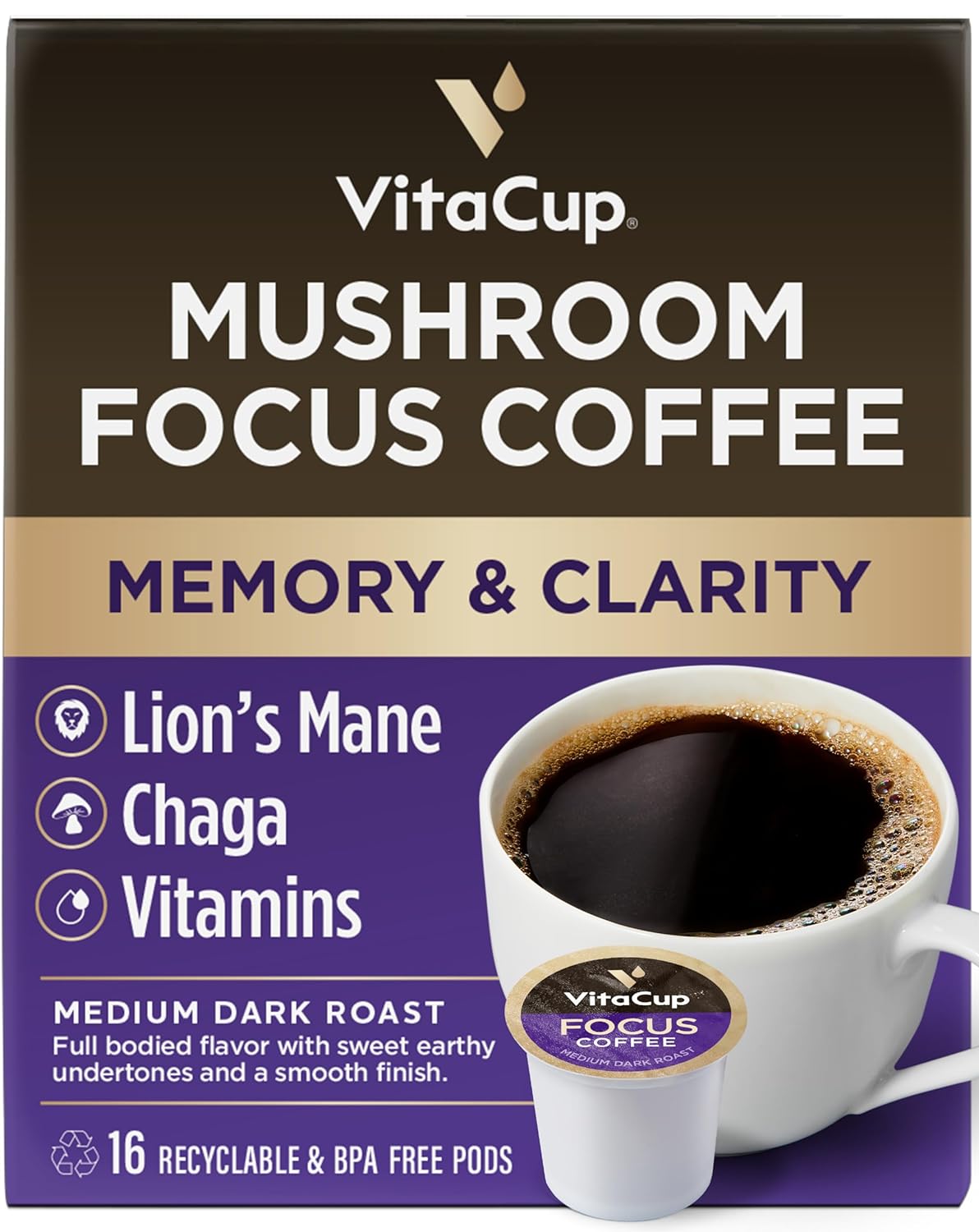 81-wRw4ByyL._SL1500_.jpg VitaCup Mushroom Coffee, for Focus, Memory & Clarity, Medium Dark Roast, 16ct | Mineral Coffee Pods with Trace Minerals, Hydrate, Replenish & Restore, Medium Dark Roast 16ct, Coffee Pod Bundle - Image 2
