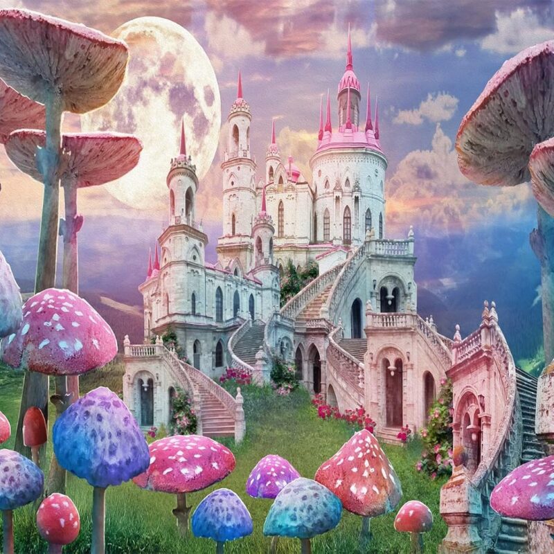 12x10ft Fabric Dreamy Castle Backdrop Fantasy Mushroom Full Moon Night Fairy Tale Photography Background Kids Children Girls Princess Birthday Party Decorations Baby Shower Photoshoot Props