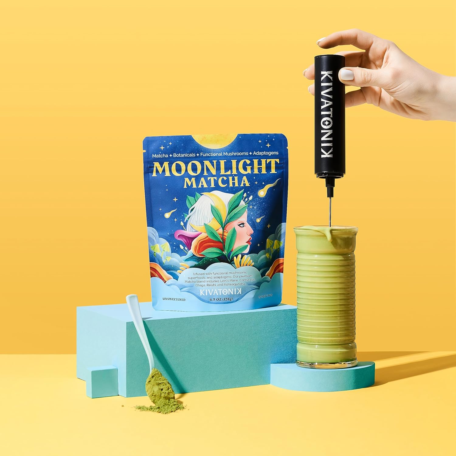 8100kycPNmL._AC_SL1500_.jpg KIVATONIK Moonlight Matcha - Ceremonial Matcha with Organic Functional Mushrooms and Adaptogens - Lion's Mane, Cordyceps, Chaga, Reishi, and Ashwagandha (32 Servings, Lightly Sweetened) - Image 5
