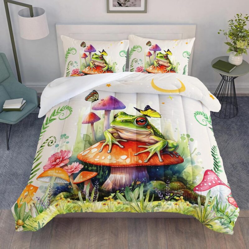Frog Comforter Set Full Size,Botanica Mushroom 3 Piece Bedding Set for Kids,Cartoon Comforter for Room Decor Cute Decor Beige Red Duvet Set Full Size 3Pcs Quilt Set