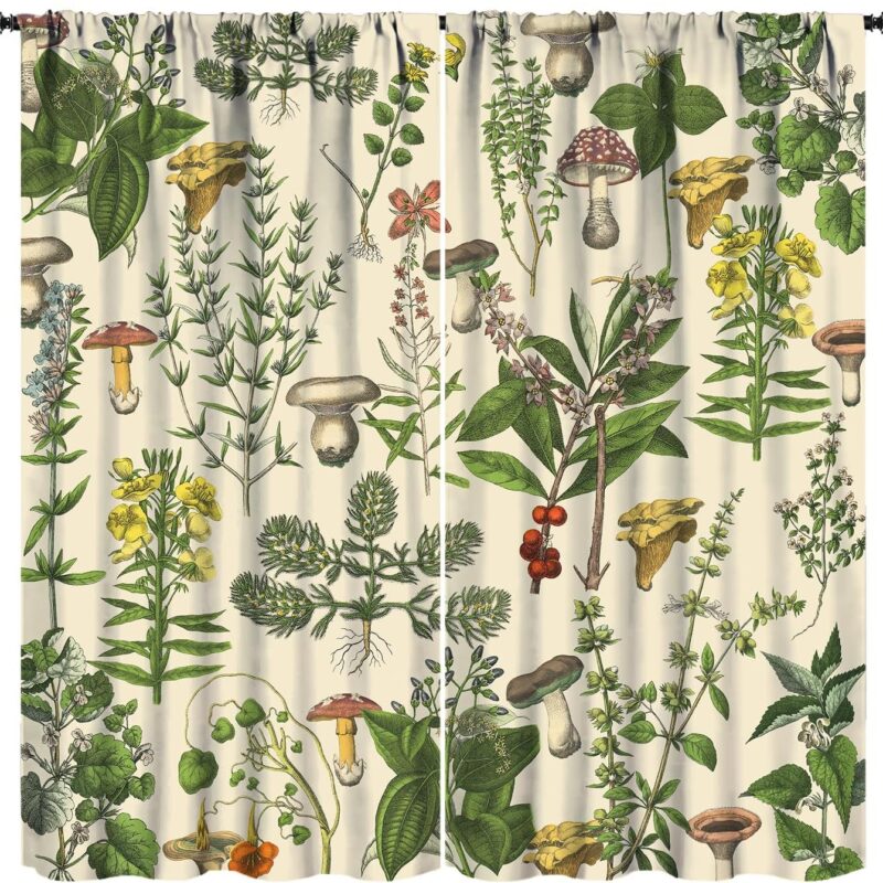 Vintage Botanical Curtains,Antique 1900s Plants Herbs Mushroom Blackout Window Drapes for Kitchen,Boho Retro Wildflower Green Leaf Ferns Farmhouse Window Treatment for Living Room 52x84in