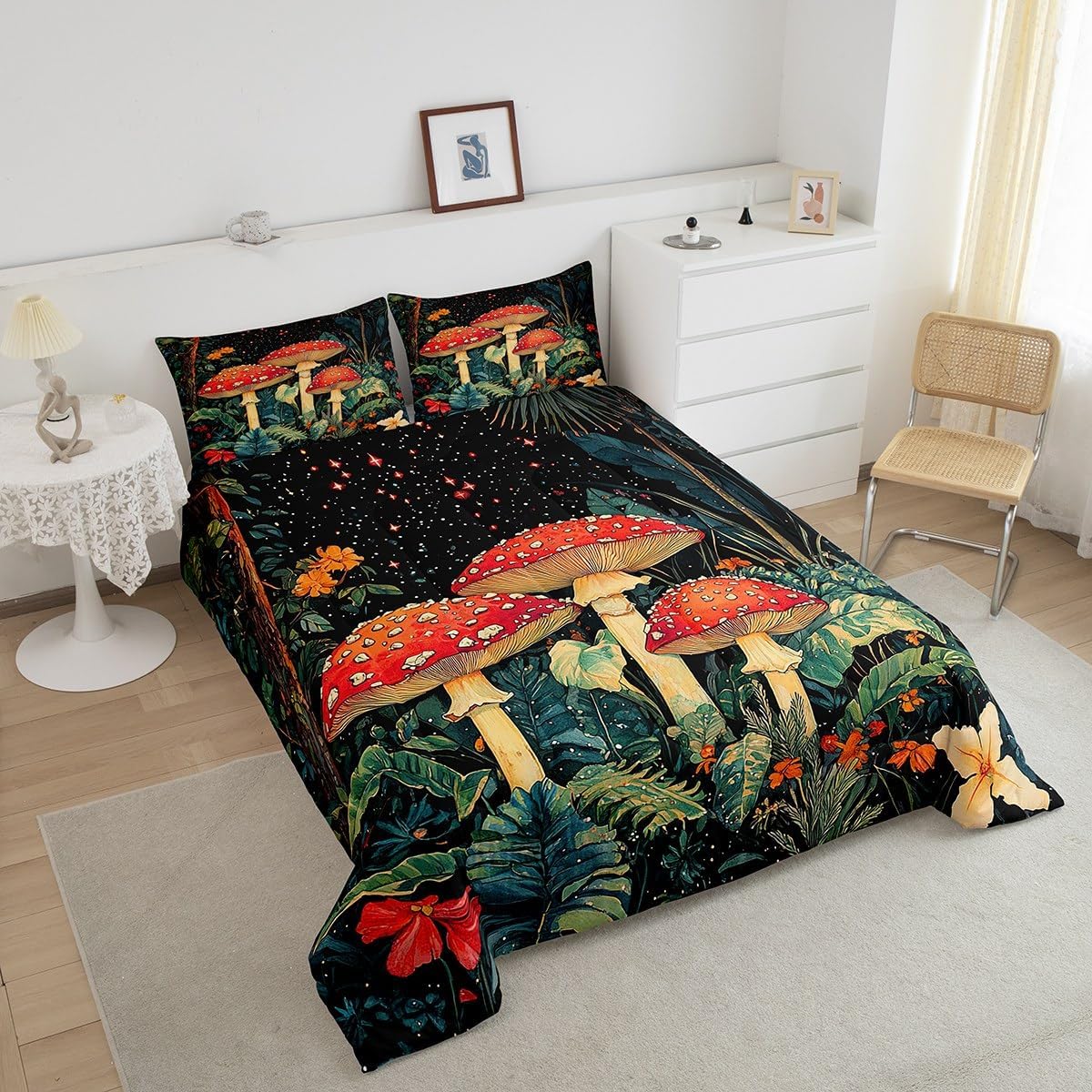 810ytBqSC1L._AC_SL1200_.jpg Feelyou Cartoon Mushrooms Bedding Set,for Kids Boys Girls,Full Size,Botanical Theme Comforter Set Ultra Soft Natural Wild Fungus Comforter,Red Mushroom Duvet Quilt Bedroom Decor,Star Print Quilt - Image 3
