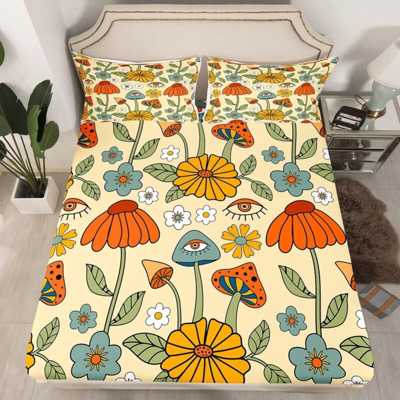 Castle Fairy Kids Retro Flowers Fitted Sheet Queen Size,70s Floral Mushroom Bedding Set,Art Hippie Plant Eye Print Ultra Soft Breathable Bedspread 3pcs for Teens Adult Xmas Gift,2 Pillowcases