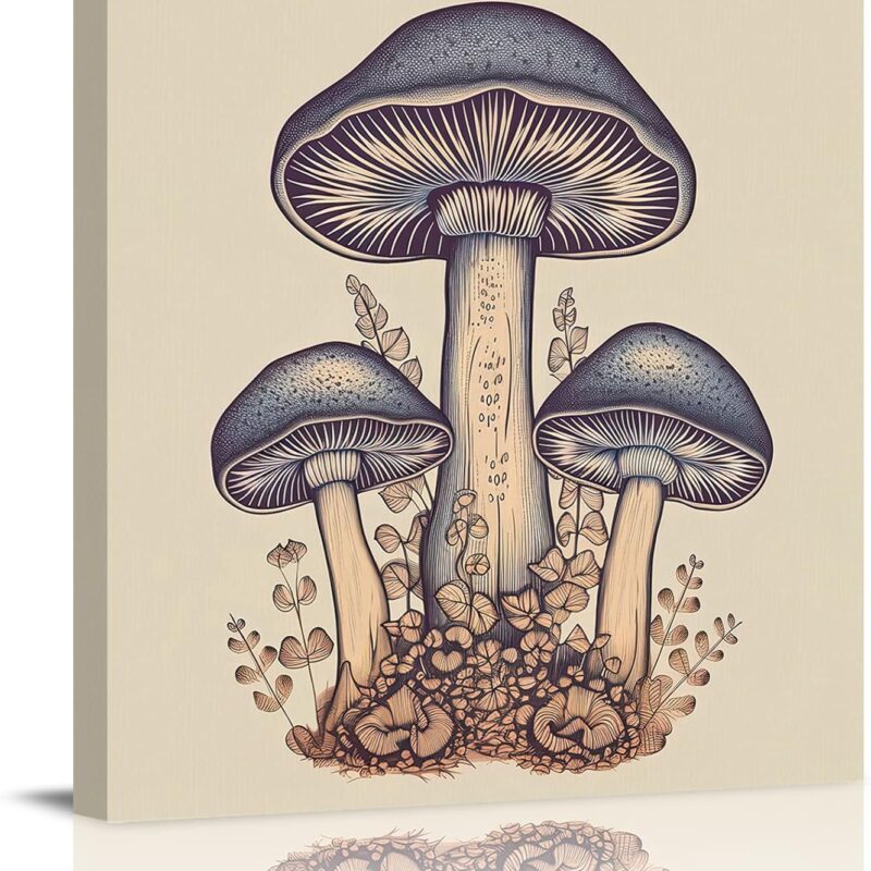 Canvas Wall Art - Canvas Prints Wall Decor for Bathroom - Wild Plants Vintage Blue Mushroom Leaves Canvas Picture for Room Aesthetic, Framed Artworks for Home Bedroom Living Room, 28"x28"