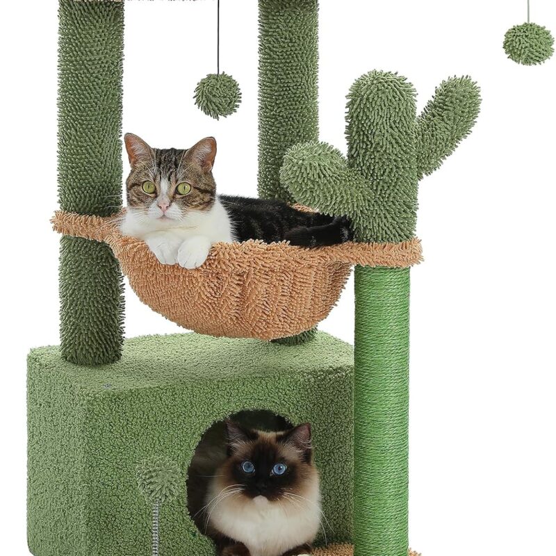 PEQULTI 4-in-1 Cactus Cat Tree, 33'' Cat Tower for Indoor Cats with Large Condo, Cat Scratching Post for Cats with Deep Hammock& Cozy Top Perch,Green