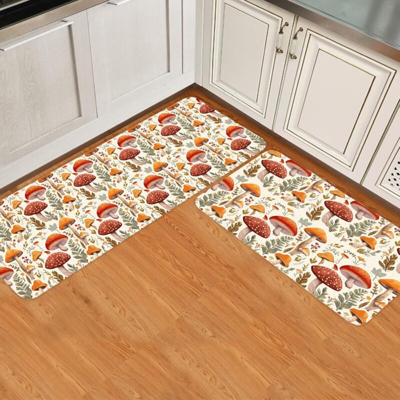Mushroom Kitchen Rugs 2 Piece Thanksgiving Fall Floral Non-Slip Kitchen Mats for Floor Washable Runner Rug Absorbent Mat Carpets for Kitchen Laundry Room, 19.7"x31.5"+19.7"x63"