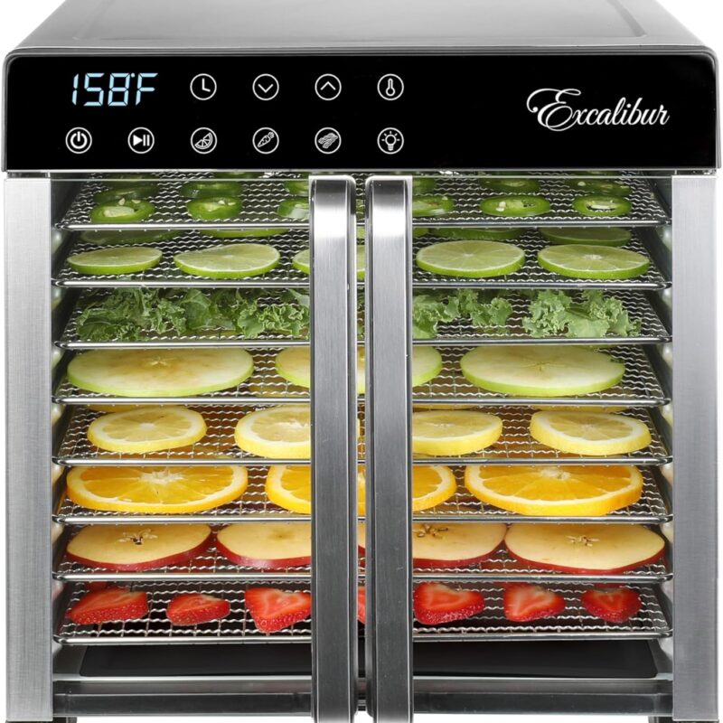 Excalibur Electric Food Dehydrator 8-Tray 7.2 Sq Ft Drying Space with Adjustable Temperature Control Stainless Steel Construction and Glass French Doors, 700-Watts, Stainless Steel