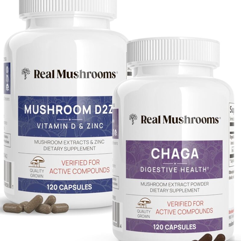 Real Mushrooms Vitamin D2, Zinc (120ct) and Chaga (120ct) with Reishi Bundle - Natural Support for Immune Strength and Digestive Health - Vegan, Gluten Free, Non-GMO, Organic Mushroom Extracts