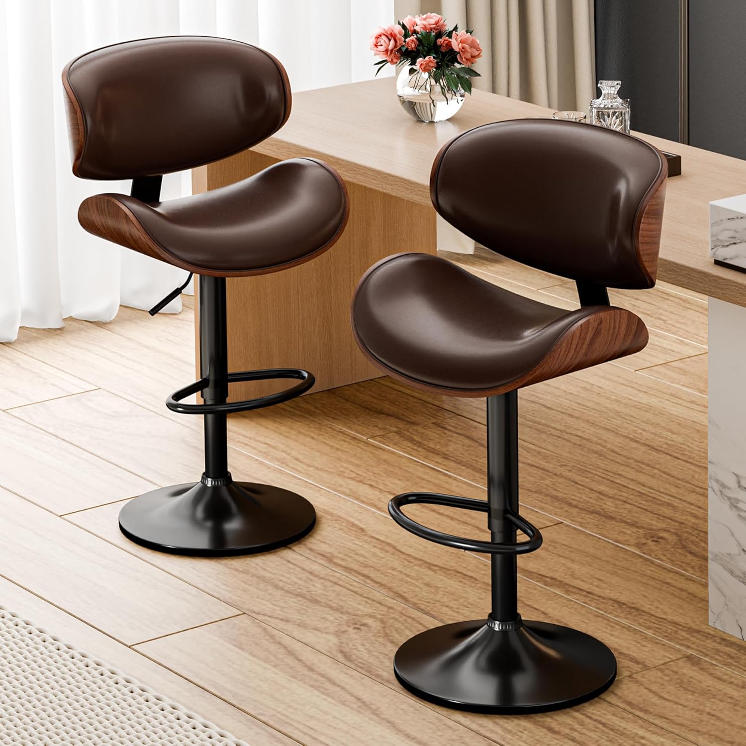 814Ady7CNL._AC_SL1500_.jpg Bar Stools Set of 2, Adjustable Swivel Leather Bar Stools for Kitchen Island, Mid Century Modern Counter Height Bar Chairs Barstools with Back & Footrest (Brown) - Image 7