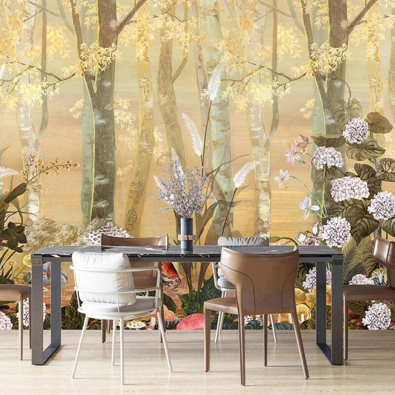 White and Gold Retro Mushroom Forest Mural Wallpaper Plant for Bedroom (Not Peel and Stick)