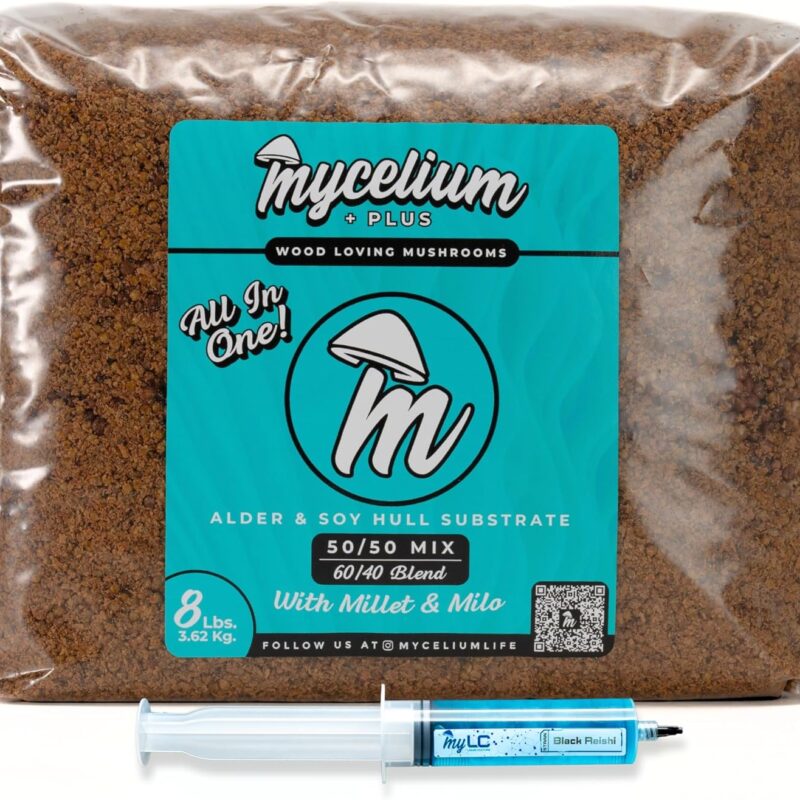 Mycelium Mushroom Growing Kit, Black Reishi Gourmet I Alder & Soy Hull Substrate I High Yield Proprietary Mix I Sterile Grow Bag with 20ml Liquid Culture Syringe for Starter & Pro Home Growers, 8lbs
