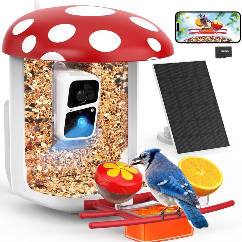 Smart Bird Feeder with Camera 2K Live Real-Time Alert AI Identify with 32G Card DIY Attachments Camera Bird Feeder Solar Powered Wireless Outdoor Birdwatching Gift for Birds Lover, Red