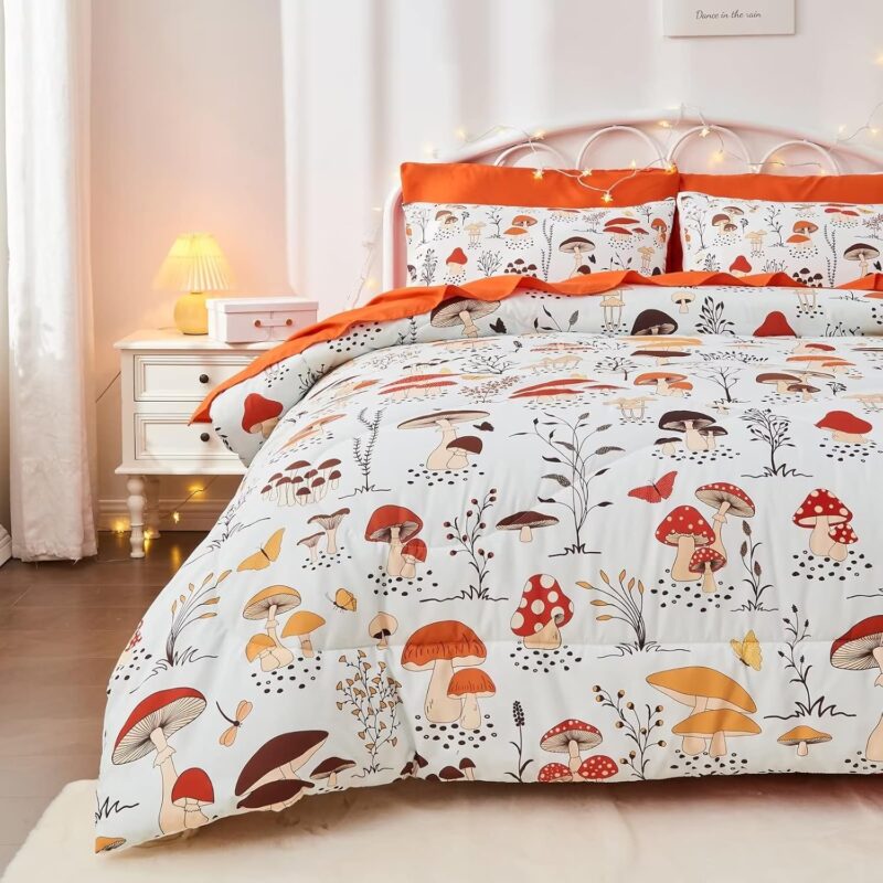Mushroom Comforter Set, Kids & Adults 7 Piece Wild Mushroom Bed in a Bag with Sheet Set (1 Comforter, 1 Flat Sheet, 1 Fitted Sheet, 4 Pillowcases)