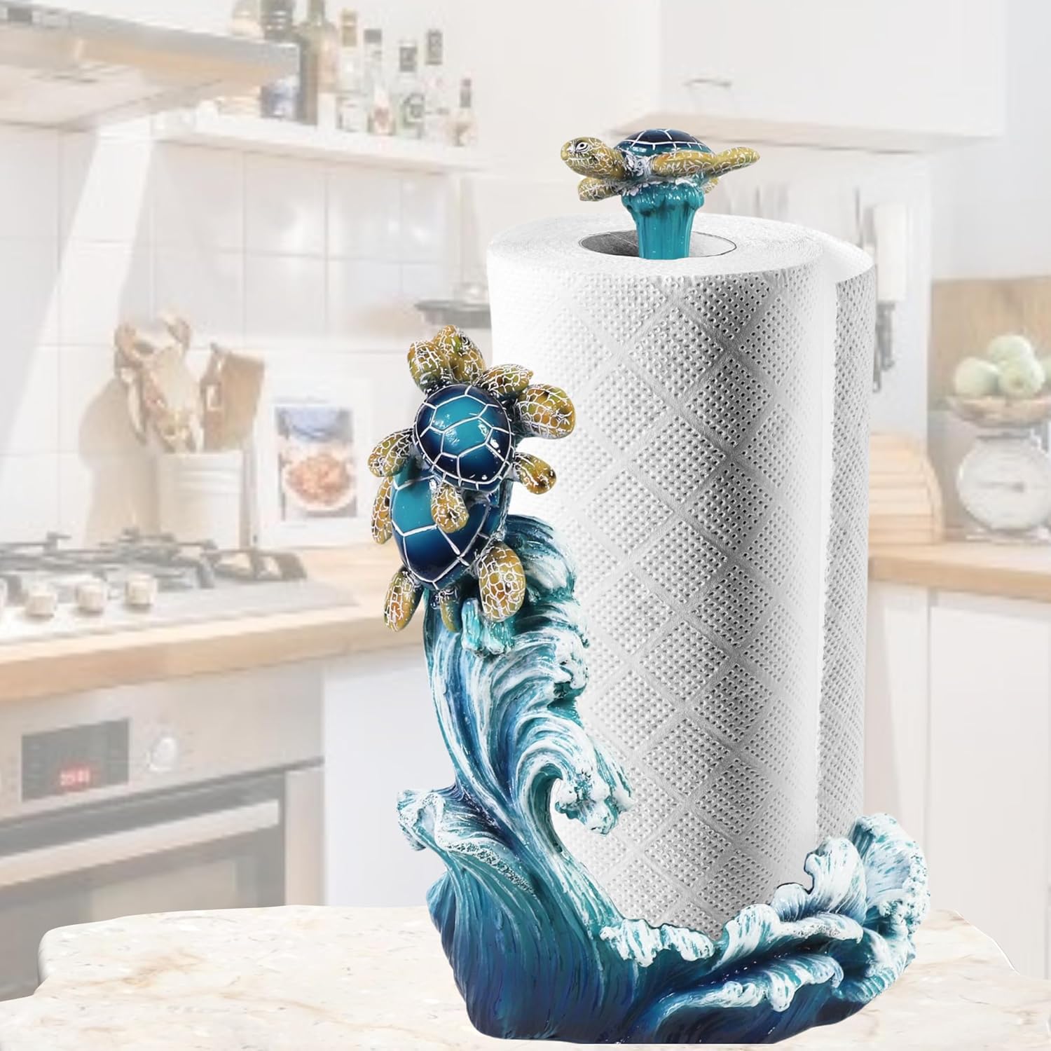 818aDt7wnDL._AC_SL1500_.jpg Nautical Paper Towel Holder with Sea Turtle and Ocean Wave Design for Beach-Inspired and Decorative Kitchen Décor - Coastal-Inspired Freestanding & Tabletop Kitchen Accesorries and Marine Life Theme - Image 5