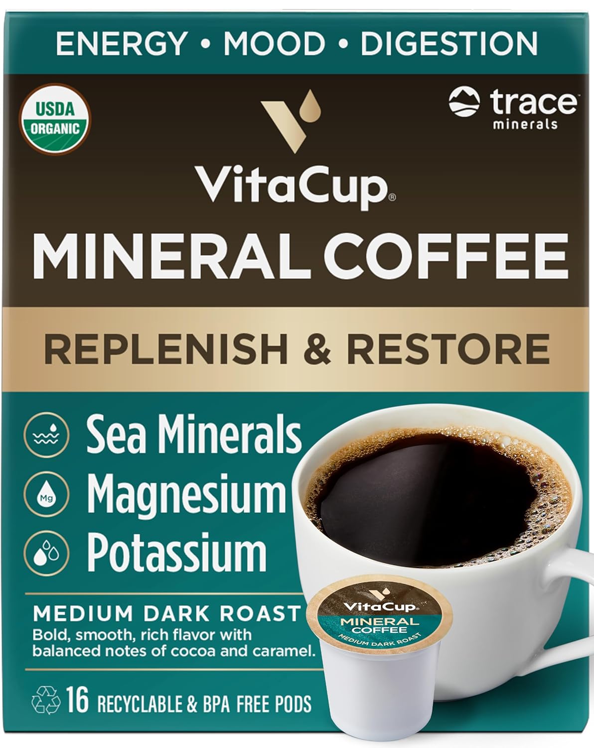 818nFtghUqL._SL1500_.jpg VitaCup Mushroom Coffee, for Focus, Memory & Clarity, Medium Dark Roast, 16ct | Mineral Coffee Pods with Trace Minerals, Hydrate, Replenish & Restore, Medium Dark Roast 16ct, Coffee Pod Bundle - Image 5