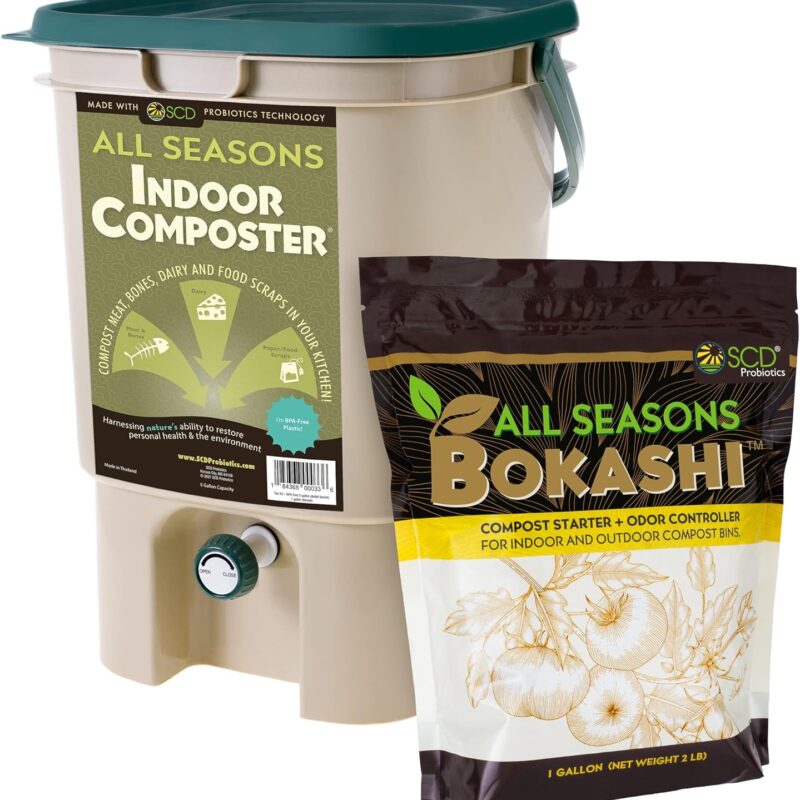 All Seasons Indoor Composter Starter Kit – 5 Gallon Tan Compost Bin For Kitchen Countertop With Lid, Spigot & 1 Gallon (2 lbs.) Bag Of Dry Bokashi Bran – by SCD Probiotics