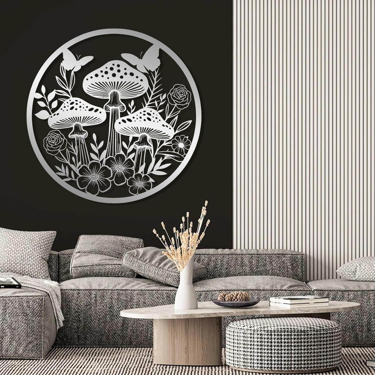 819oGwzAFQL._AC_SL1500_.jpg LARNT Mushrooms Metal Wall Art, Mushroom Metal Wall Decor, Toadstool Boho Wall Hanging, Mushroom Sign, Boho Wall Decor, Plant Wall Art, Metal Garden Decor (Black, 28"x28"|70x70cm) - Image 7