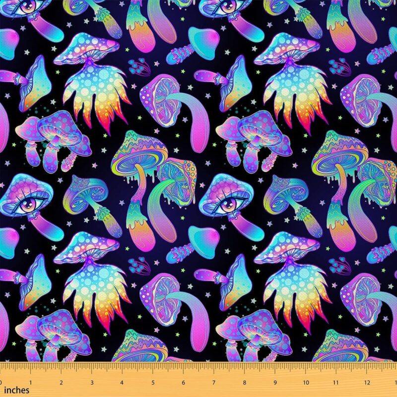 Kawaii Trippy Botanical Mushroom Upholstery Fabric by The Yard - Psychedelic Plant Indoor/Outdoor Fabric for Kids, Girls, Teens, Women - DIY, Black, 5 Yards