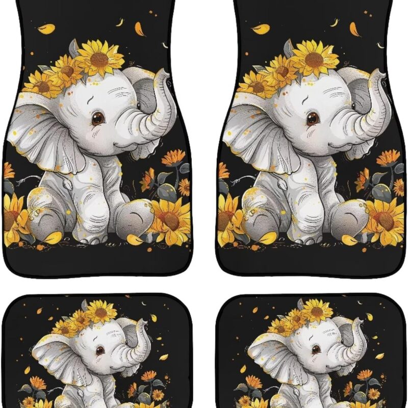 ZFRXIGN Car Floor Mat Sunflower Baby Elephant Universal Car Front Rear Floor Foot Mats with Non-Slip Rubber Backing Heel Pads for Women Girls Car Mat Carpet Sturdy
