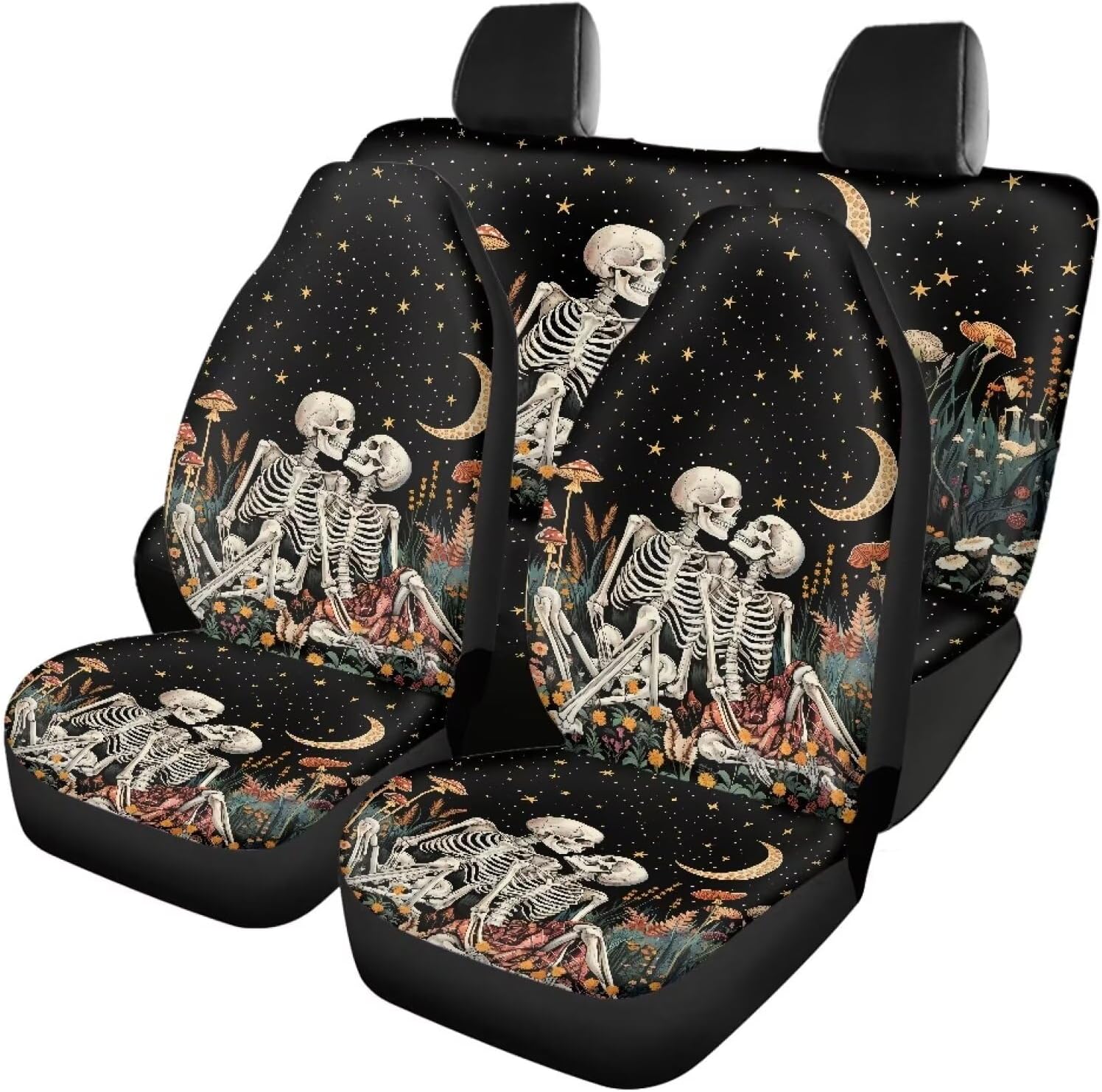 81AkYHjj8qL._AC_SL1500_.jpg Skull Mushroom Print Car Seat Cover Full Set of 4, Moon Star Print Universal Front and Rear Bench Back Seat Cover for Cars Truck SUV, All Weather Protector, Auto Interior Accessories