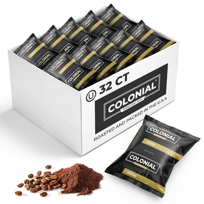 Colonial Coffee Packets, Pre Ground Coffee Packs, Signature Breakfast Blend Medium Roast, Bulk Single Pot Bags for Drip Coffee Makers (2.5 oz Bags, Pack of 32)