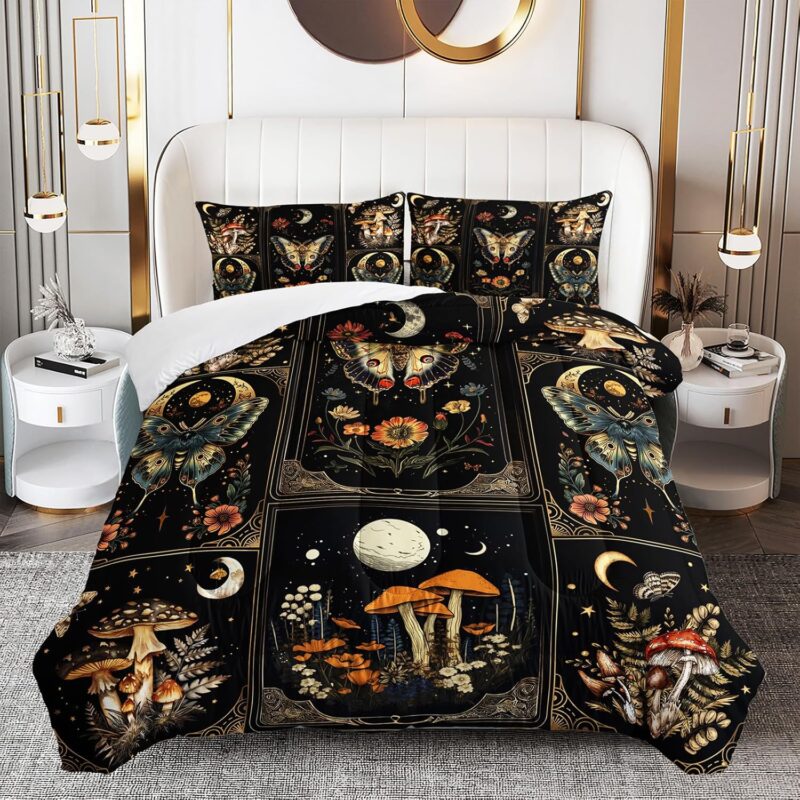 Mushroom Bedding Comforter Set for Kids Teens and Adults, Black Natural Wild Fungus and Butterfly Printed Quilt Set Queen Size, 3Pcs Room Decorative with1 Comforter with 2 Pillowcases