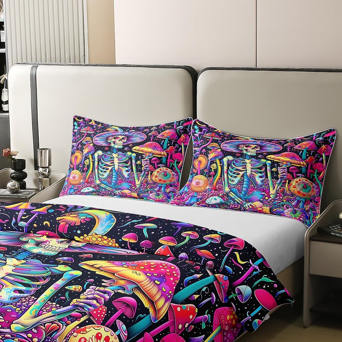 81CTc2qzrIL._AC_SL1200_.jpg Trippy Mushroom Skull 100% Cotton Duvet Cover Queen Boho Jungle Botanical Bedding Set for Kids Halloween Sugar Skeleton Comforter Cover Cute Mushrooms Quilt Cover with 2 Pillowcases(Not Comforter) - Image 4