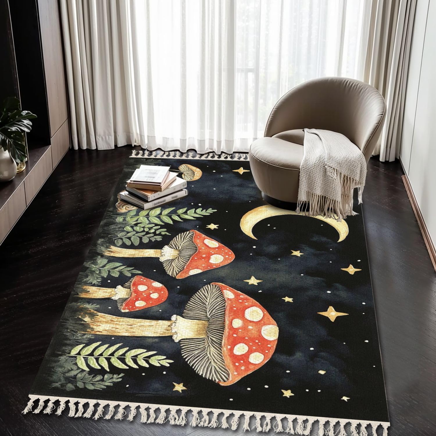 81CnvpNQNiL._AC_SL1500_.jpg Boho Area Rugs Mushroom Hippie Moon Mushroom Decor Mushrooms Ferns Snails Crescent Washable Rug Nursery Rug Girl Softness Non Slip Nursery Rugs Neutral home decor for living room Bedroom Daycare - Image 4
