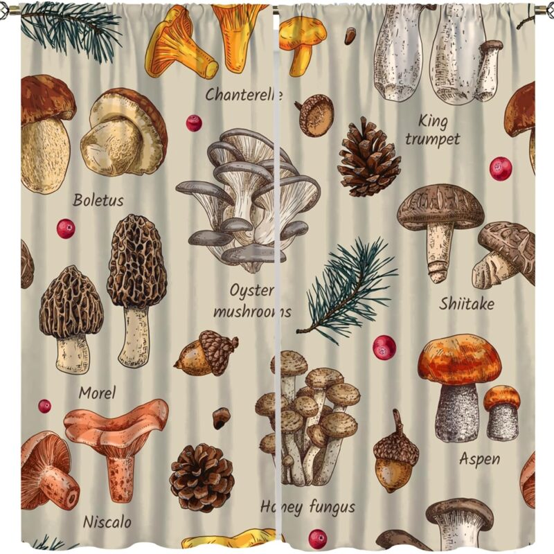 Vintage Mushroom Blackout Curtains, Forest Natural Wild Plant Mushroom Weed Berry Text Pattern, for Bedroom Living Room, 2 Panel Set,63X72 Inch