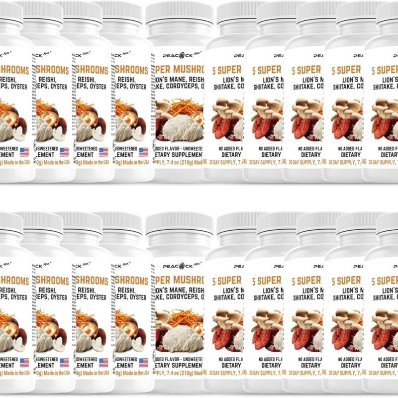 Mushroom Supplement Capsules, Pack of 20 (180 Count Each) – Reishi, Shiitake, Cordyceps, Oyster Mushrooms & Lions Mane Supplement Capsules for Memory, Focus, Energy, Brain & Immune Support