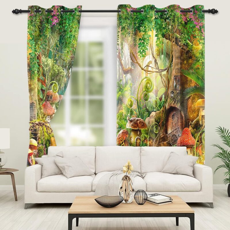 Mushrooms Forest Window Curtains Enchanted Woodland Fairy Tale Wonderland Blackout Curtain for Bedroom 52x84 Inch Grommet Drapes Thermal Insulated Window Treatments 2 Panel