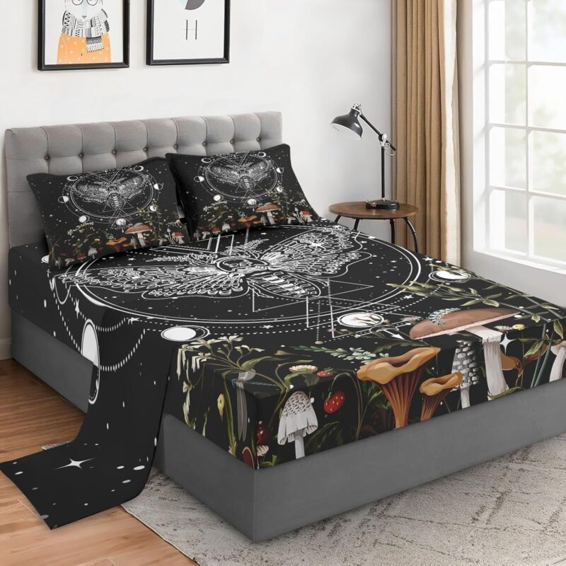 King Size 4 Pcs Bed Fitted Sheet Set with 14" Deep Pocket, Vintage Mushroom Wildflower Flat Sheet Set for Kids and Adults, Moth Dead Moon Bedding with 2 Pillowcases