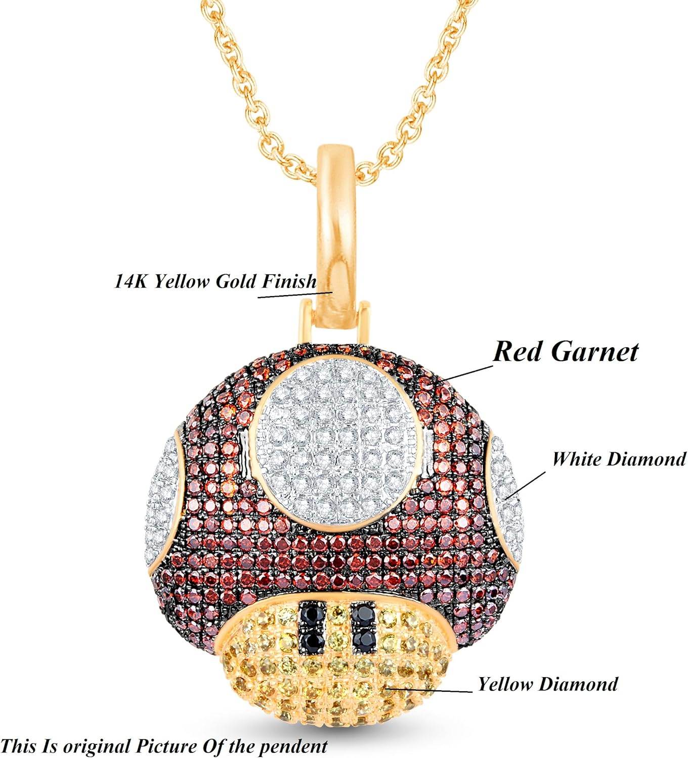 81EbDj20x1L._AC_SL1500_.jpg 3.56 Carat Round Shape Simulated Yellow, Black Diamond & Red Garnet Mushroom Charm Pendant In 14K Two Tone Gold Finish 925 Silver - Image 2
