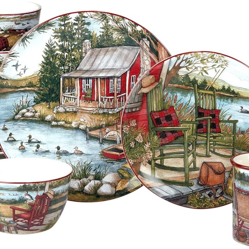 Unknown1 Lake Retreat 16 Pc Dinnerware Set Service for 4 Green Multi Color Red Animal Country Farmhouse Round Piece Dishwasher Safe Microwave