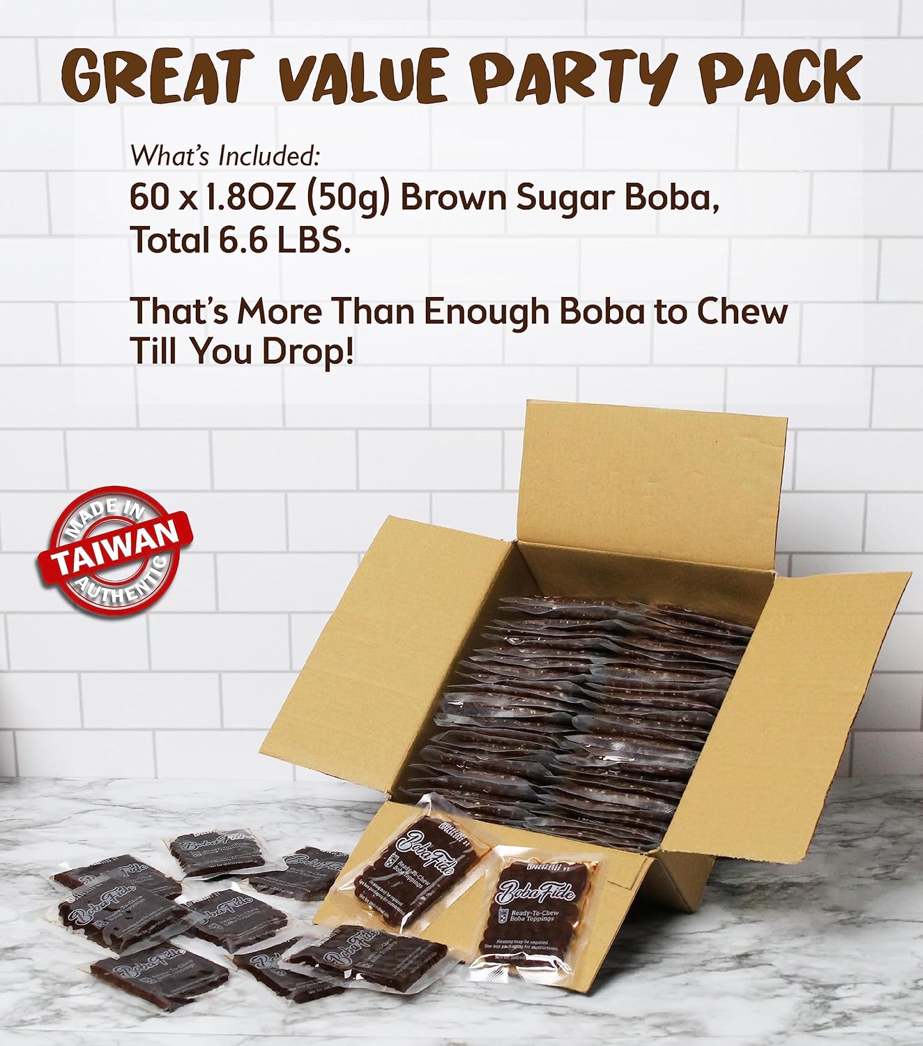 81GfcwvdRwL._SL1500_.jpg BOBA FIDE Instant Brown Sugar Boba Tapioca Pearls Bulk, 60 Packets of Black Tapioca Pearls in Brown Sugar Syrup for Boba Bubble Milk Tea Kit, Ready in 25 Sec, No Preservatives, Gluten, or Corn Syrup - Image 2