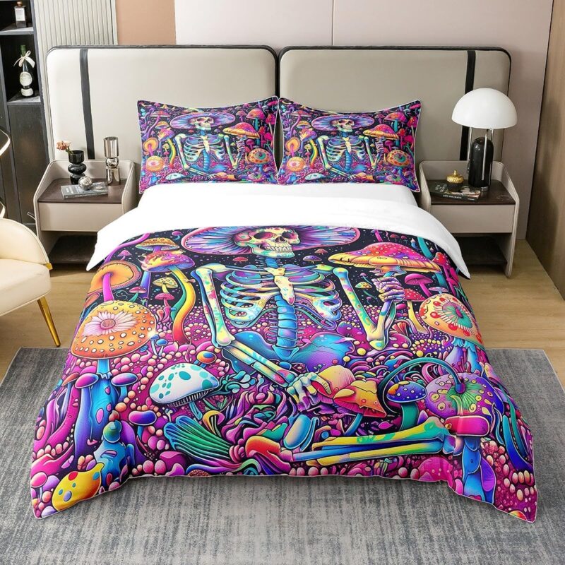 Trippy Mushroom Skull 100% Cotton Duvet Cover Queen Boho Jungle Botanical Bedding Set for Kids Halloween Sugar Skeleton Comforter Cover Cute Mushrooms Quilt Cover with 2 Pillowcases(Not Comforter)