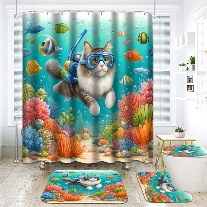 Diving Cat Underwater Adventure 4PCS Shower Curtain Sets-Fun Ocean Bathroom Set Accessories with Non-Slip Rug, Toilet Lid Cover, Bath Mat-72x72in- Animal Curtains-Home Decor Boys Gifts