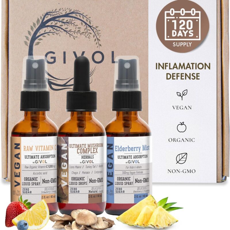 Inflammation Defense Bundle: Ultimate Mushroom Complex with Lions Mane, Reishi, Cordyceps & Chaga, Raw Vitamin C, and Bromelain | Non-GMO | Gluten-Free | Sugar-Free | 2 Fl Oz | 240-Days Supply