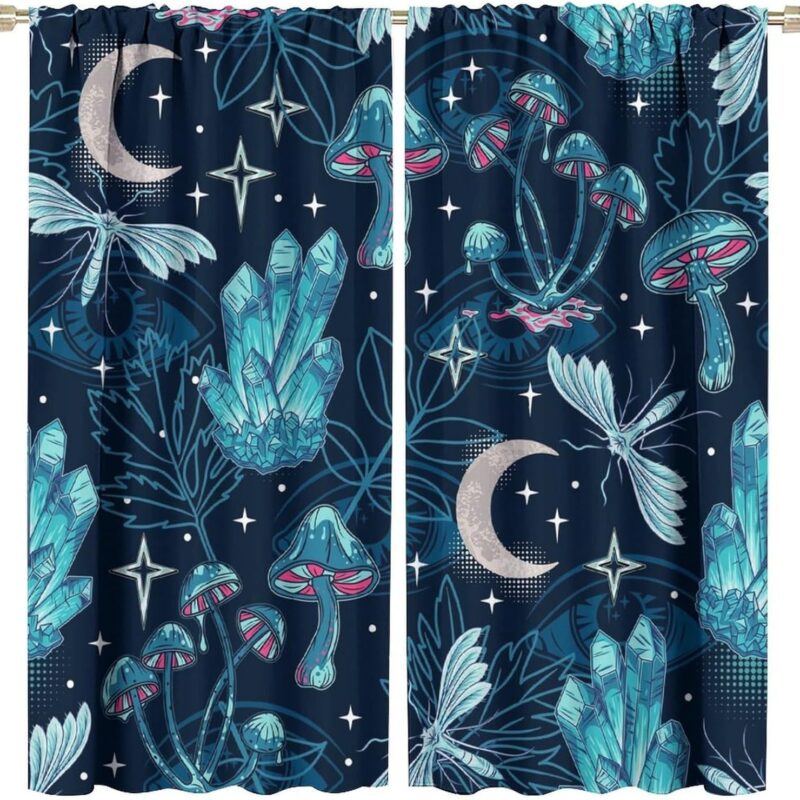 Fantasy Mushroom Bedroom Curtains, Blue Ice Crystal Fantasy Mushroom Moon Eyes Leaves Art Style Bedroom Curtains, Suitable for Bedroom, Living Room, Private Office W52xL84 Inch