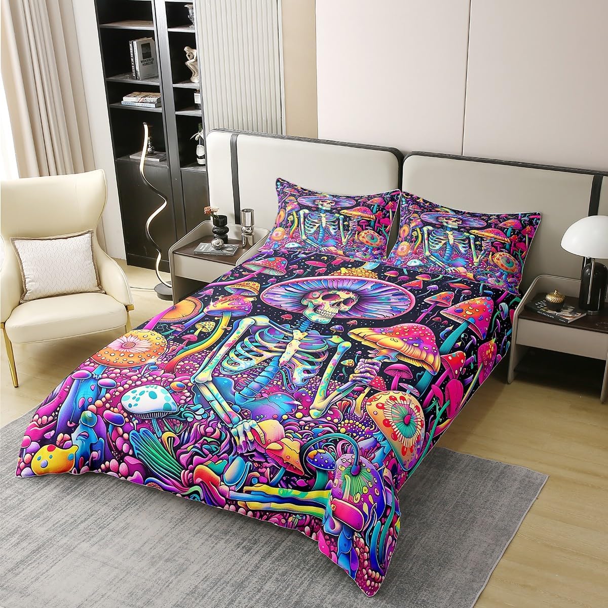 81KheeVINL._AC_SL1200_.jpg Trippy Mushroom Skull 100% Cotton Duvet Cover Queen Boho Jungle Botanical Bedding Set for Kids Halloween Sugar Skeleton Comforter Cover Cute Mushrooms Quilt Cover with 2 Pillowcases(Not Comforter) - Image 3