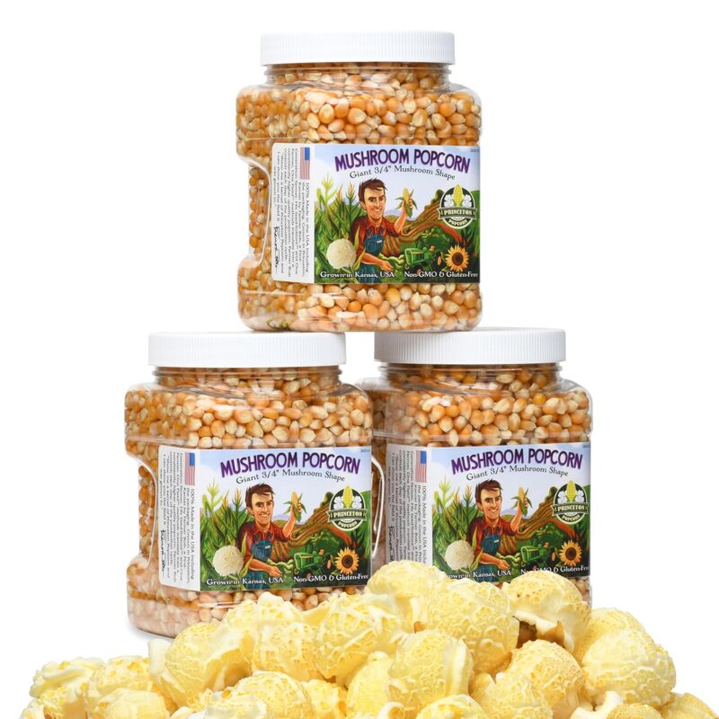 (3) Three 2lb Tubs of Mushroom Popcorn Kernels by Princeton Popcorn Farm Grown, Non GMO, Gluten Free UnPopped, Ball Shaped, Popcorn Pops Extra Large, Popping Corn for Air Popper & Stovetop 96oz