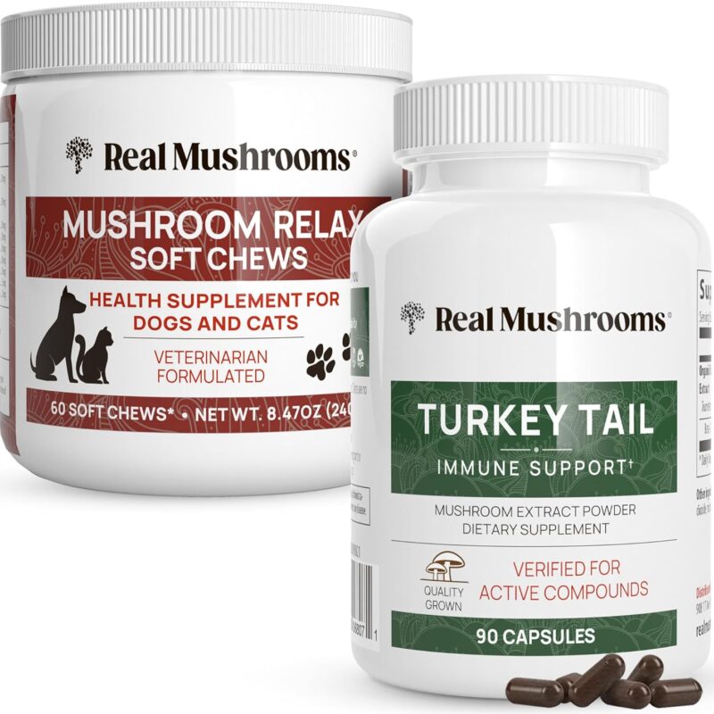 Real Mushrooms Turkey Tail for Humans (90ct) & Mushroom Pet Relax Chews (60 Chews) - Bundle for Immunity & Relaxation - Vegan, Non-GMO, Gluten-Free, Grain-Free Mushroom Extract Supplements