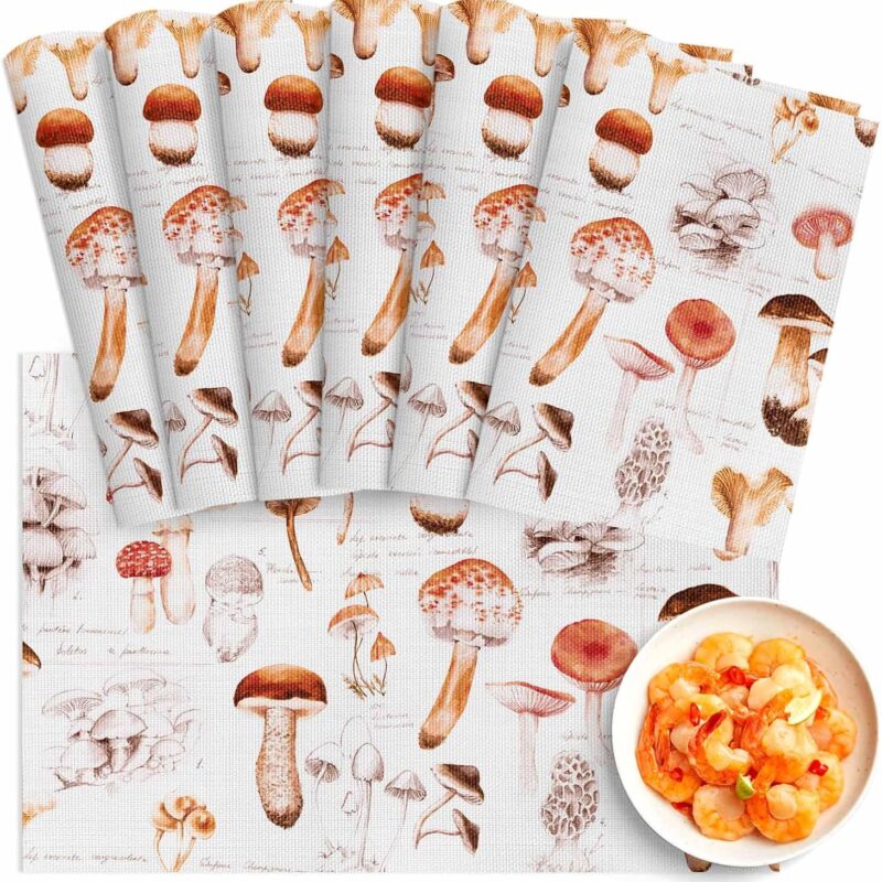 Fall Brown Mushroom Placemats Set of 6, Washable PVC Kitchen Table Mats, Autumn Botanical Vintage Woven Vinyl Placemat for Dining Table
