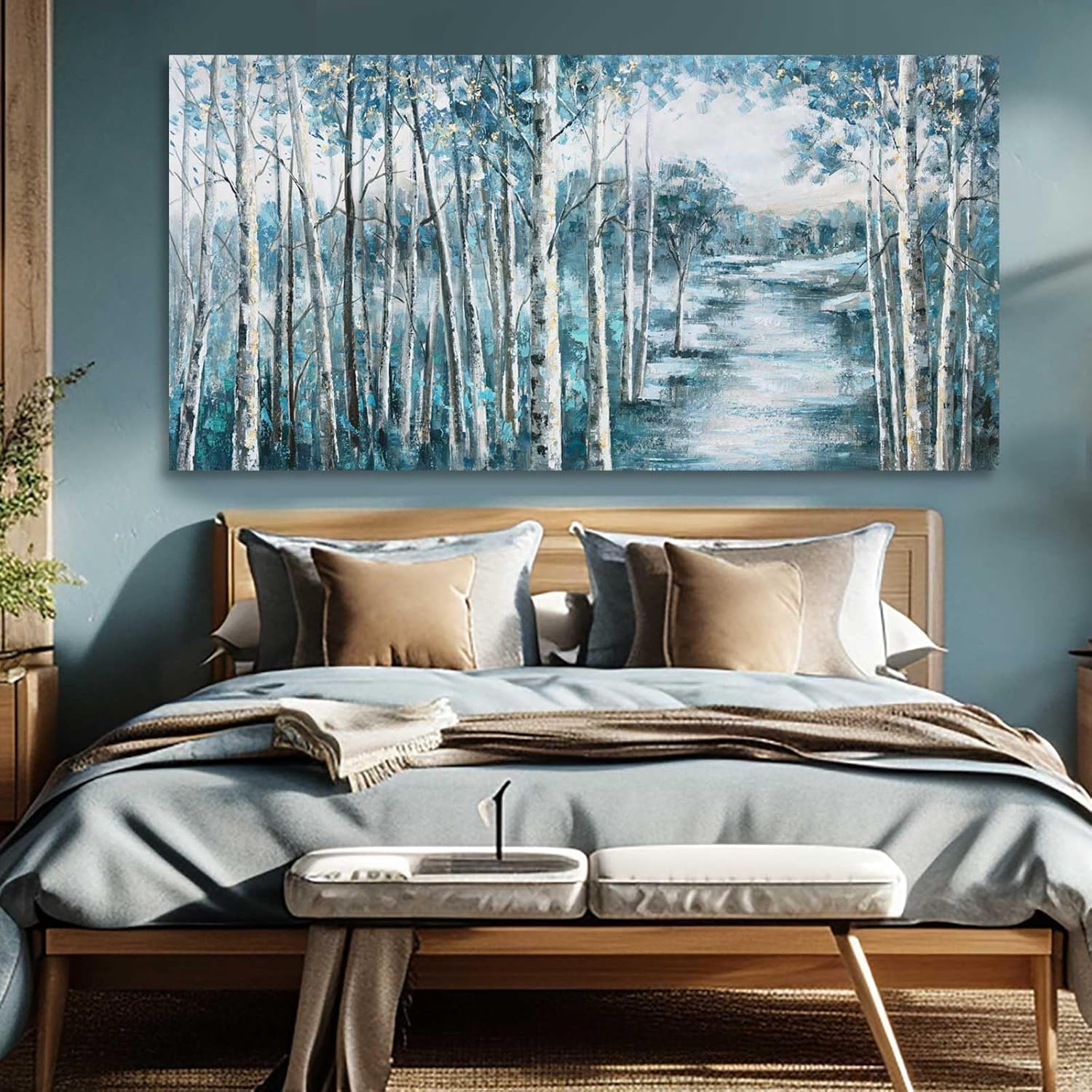81L0D2V9WuL._AC_SL1500_.jpg Navy Blue Wall Art forest Wall Decor Large Paintings for Living Room White Tree Pictures for Wall Large Photos for Hotel 29"x58" - Image 4