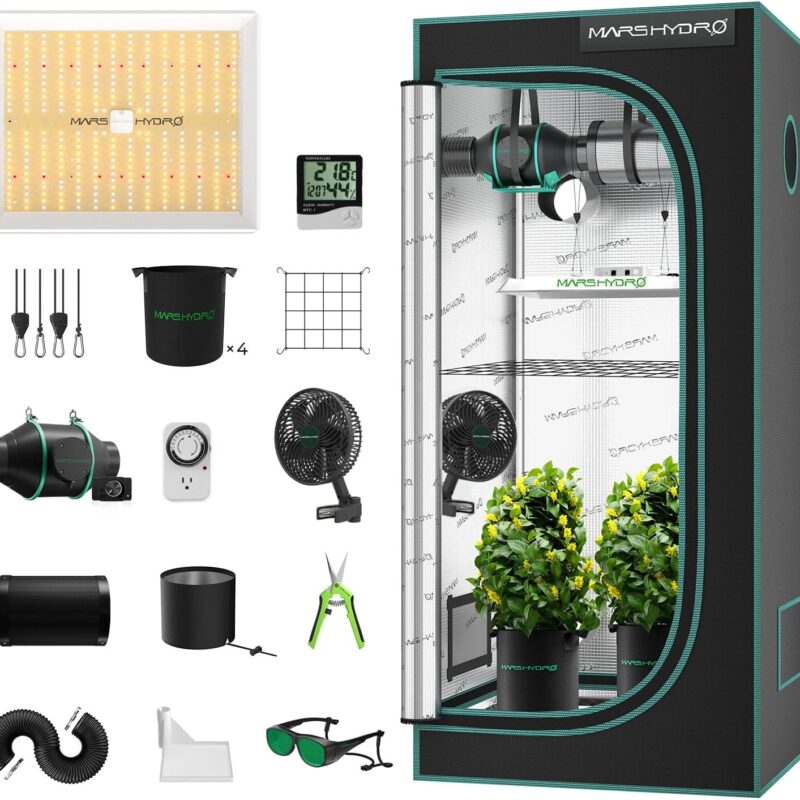 MARS HYDRO 3x3 Grow Tent Kit Complete System,150W TS1000 LED Dimmable Grow Light, 32"x32"x63" 1680D High Reflective Mylar Grow System with 4inch Adjustable Speed Ventilation System,10 Speed Clip Fan