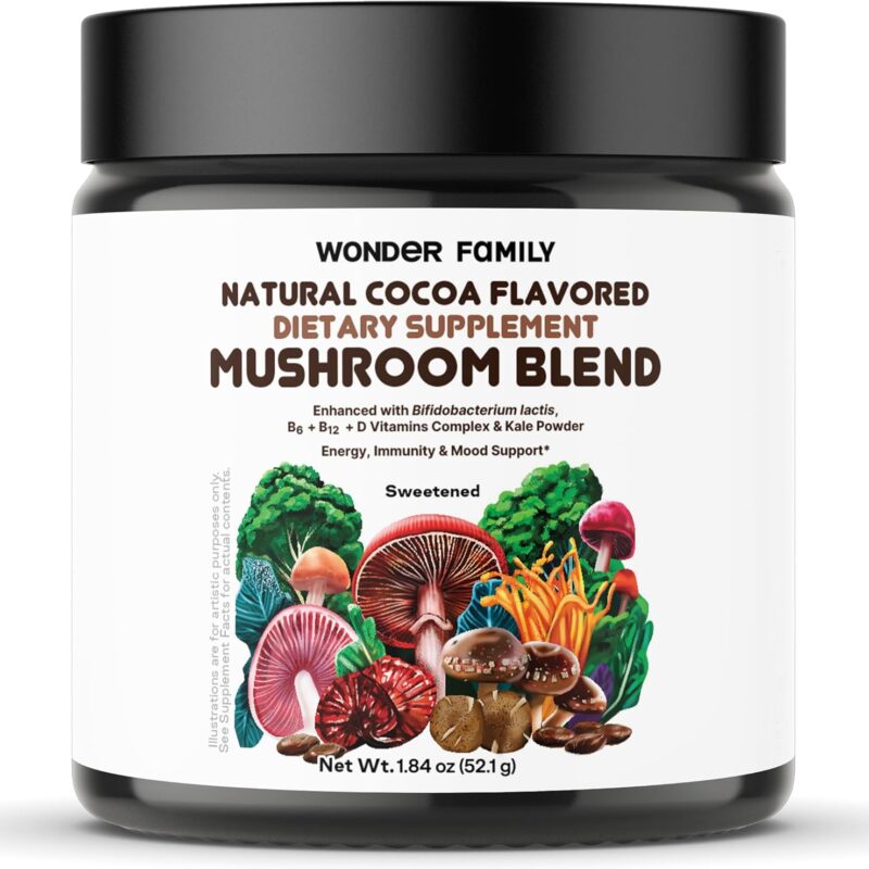 Mushroom Powder Blend - Mushroom Cocoa for Sleep, Energy, Immunity with Shiitake, Cordyceps, Reishi, Chaga Mushrooms Powder - Mushroom Coffee Adaptogen Drink - Mushroom Supplement Powder Sweetened, 20