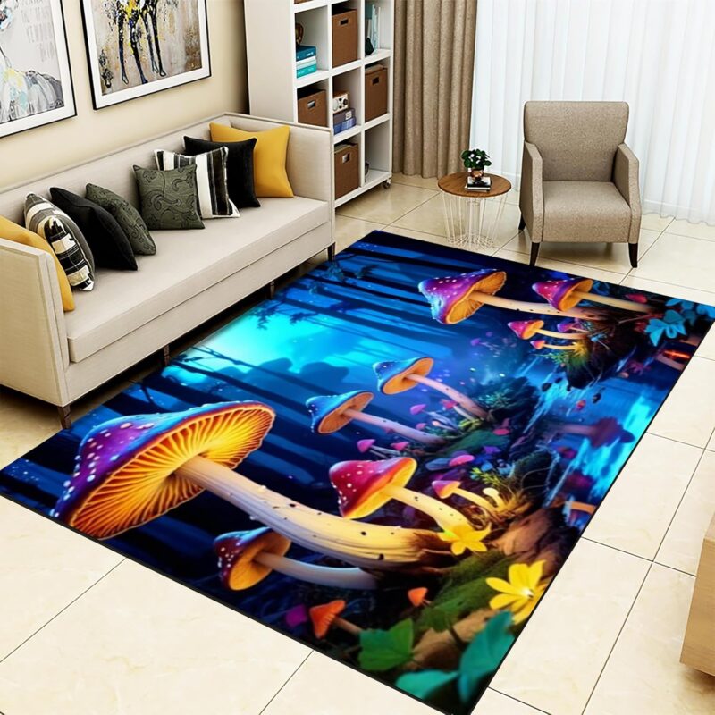 Mushroom Forest Area Rugs, 5x6ft, Magic Mushroom Rugs for Indoor，Washable Foldable Dirty Resistant Non-Shedding Mat, Soft Cozy Low Pile Non-Slip Throw Rug for Hallway Floor Bedroom